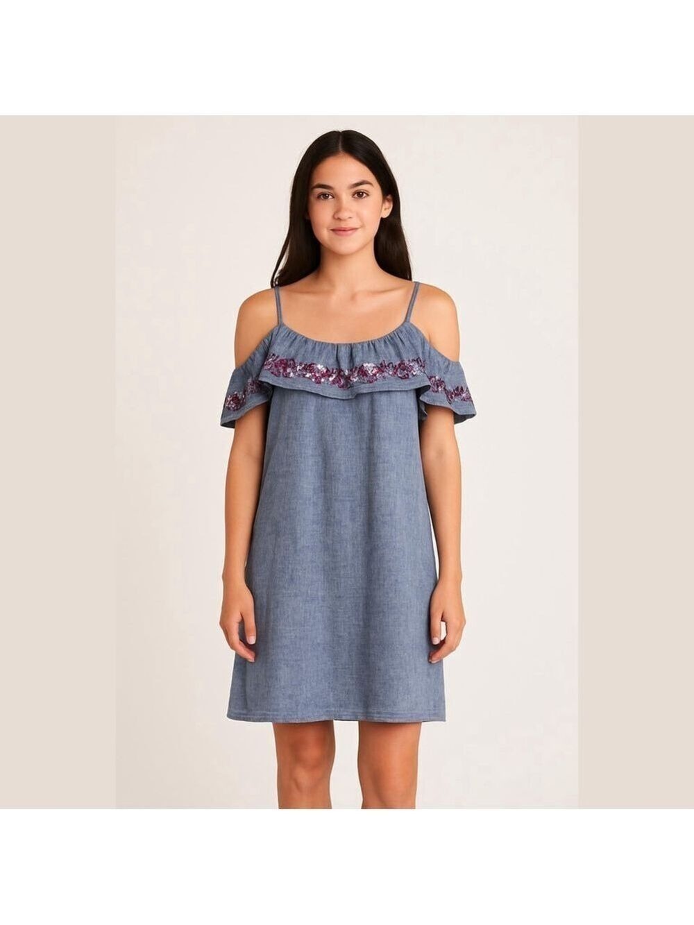 Express Linen Denim Of The Shoulders Coquette Dress Cottagecore Floral Sz M NWT